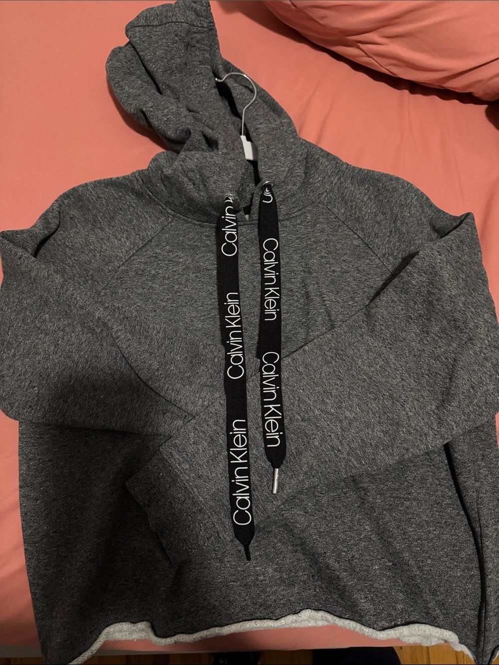 Calvin Klein Gray Hooded Pullover with Logo Drawstrings